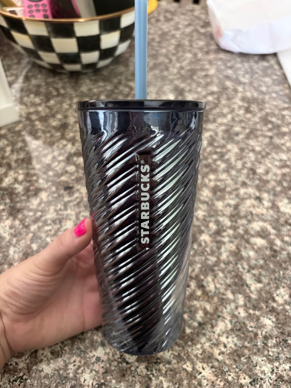 Starbucks Iridescent Navy Blue Spiral Tumbler with Light Blue Straw